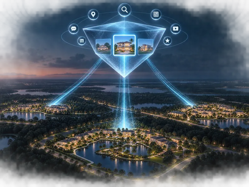 Search and AI answer icons projected over a new home development at night