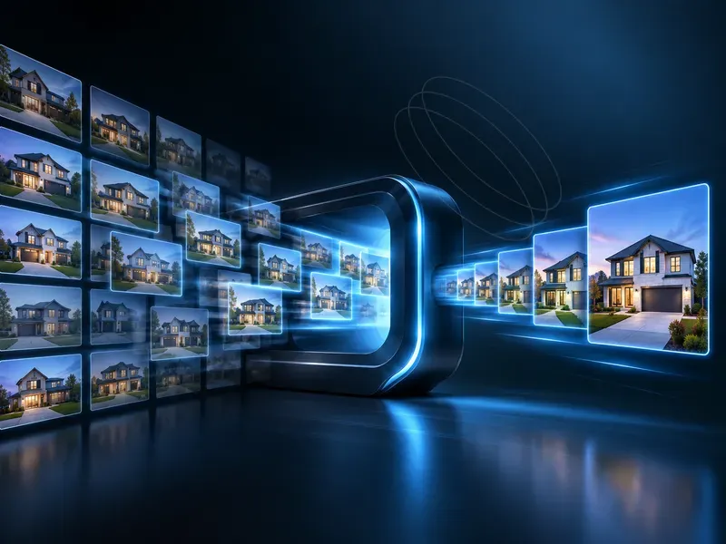 Houses moving through a digital pipeline, representing builder listings and media at scale