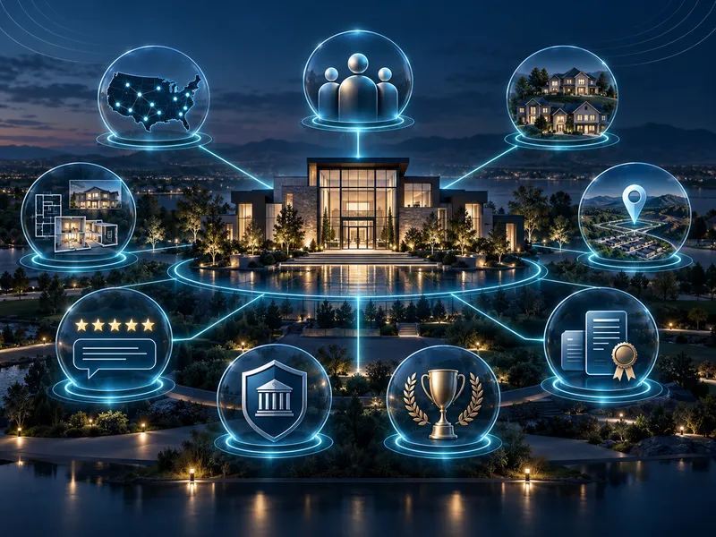 Connected nodes linking a builder brand to its markets, communities and reviews