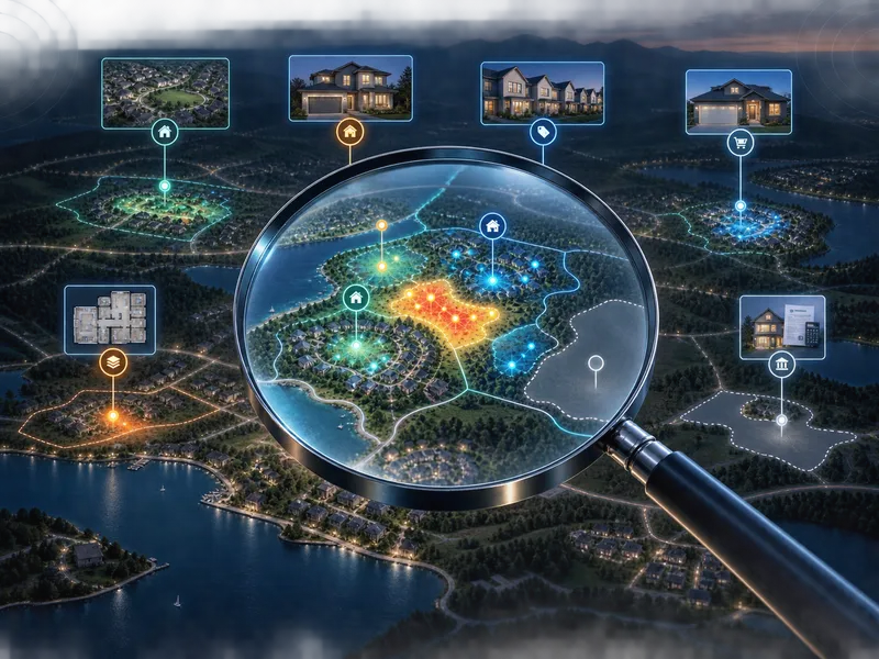 Magnifying glass over a community map highlighting keyword and market demand data