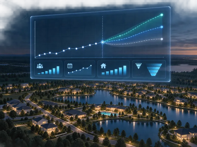 Forecasting dashboard with traffic and inquiry charts over a suburban housing community