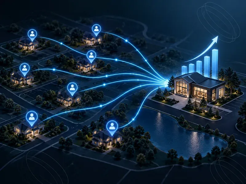 Neighborhood map with location pins connected to growth charts for non-branded search