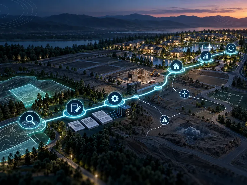 Workflow nodes mapped over a residential development under construction