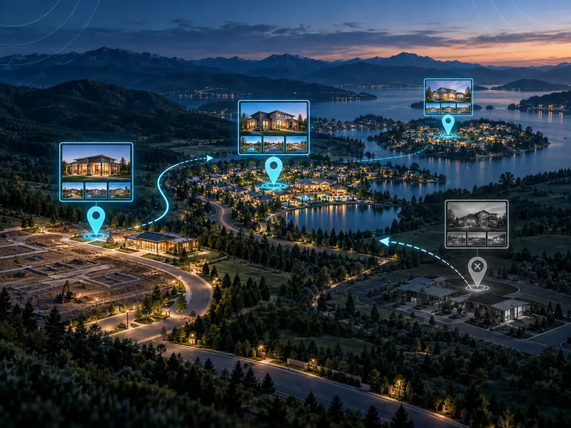 Aerial view of a new home community at dusk with location pins marking each community