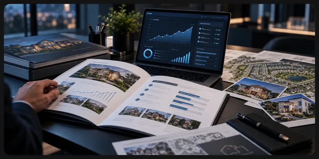 Laptop with market charts beside real estate analysis documents, the inputs leadership reviews before approving a forecast
