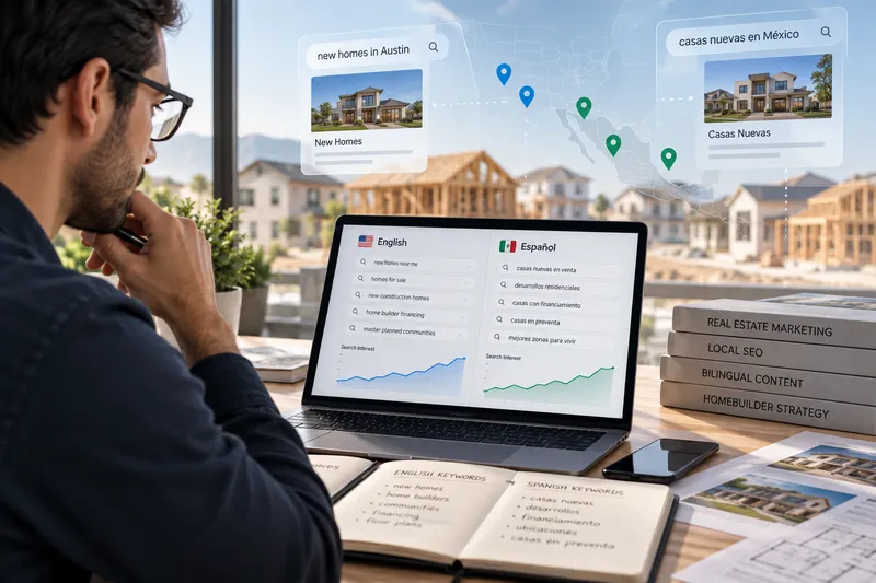 Laptop showing English and Spanish new home search queries above a construction site