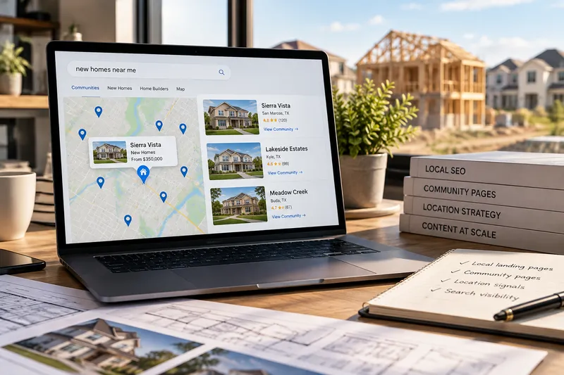 Laptop showing a local map of housing communities next to printed blueprints