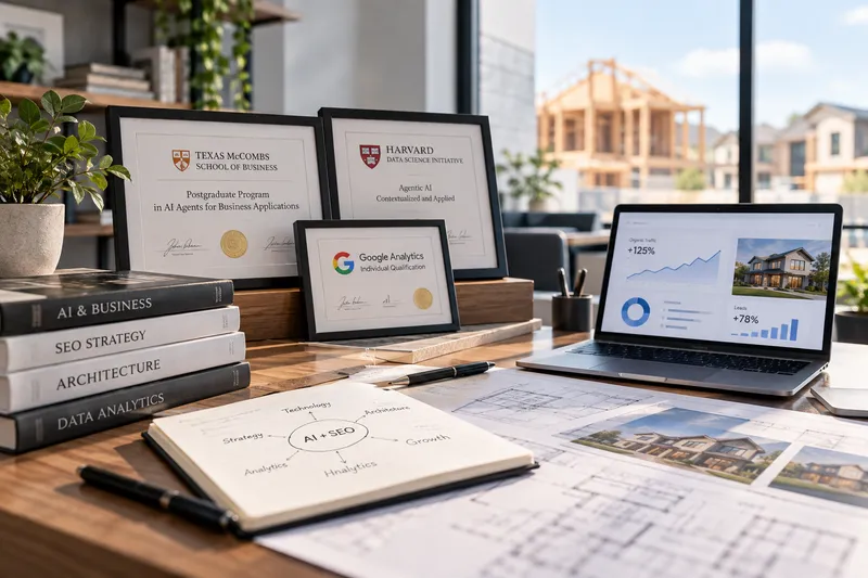 Desk with architectural blueprints, SEO analytics on a laptop and framed certificates