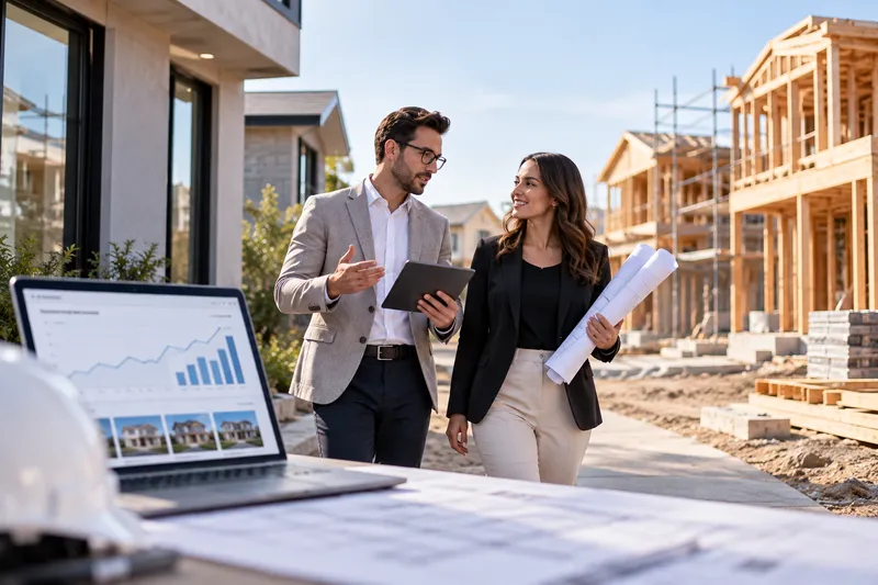Builder marketing team reviewing SEO analytics on a tablet at a residential construction site