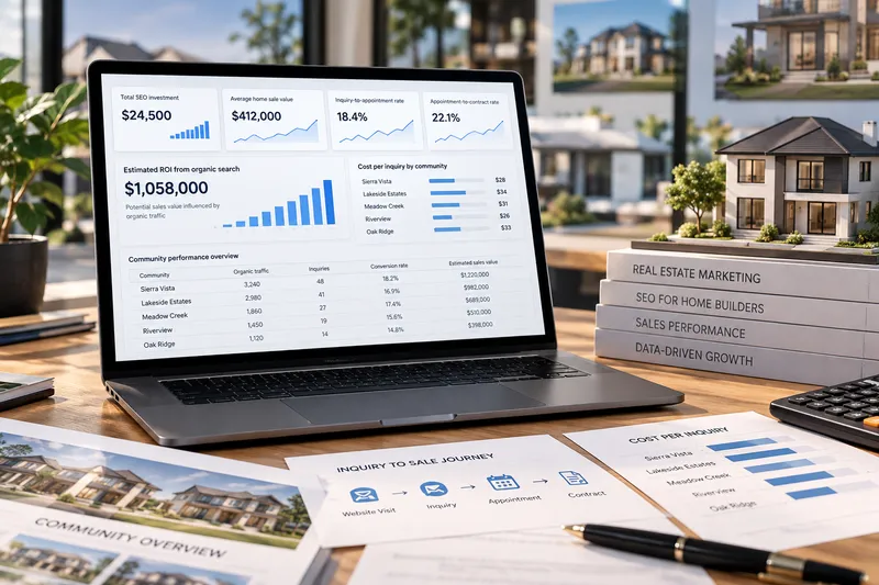 Laptop showing organic inquiry and revenue analytics for a home builder