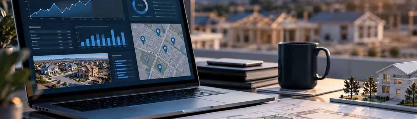 Laptop showing home builder SEO reporting and forecast charts outdoors at sunset