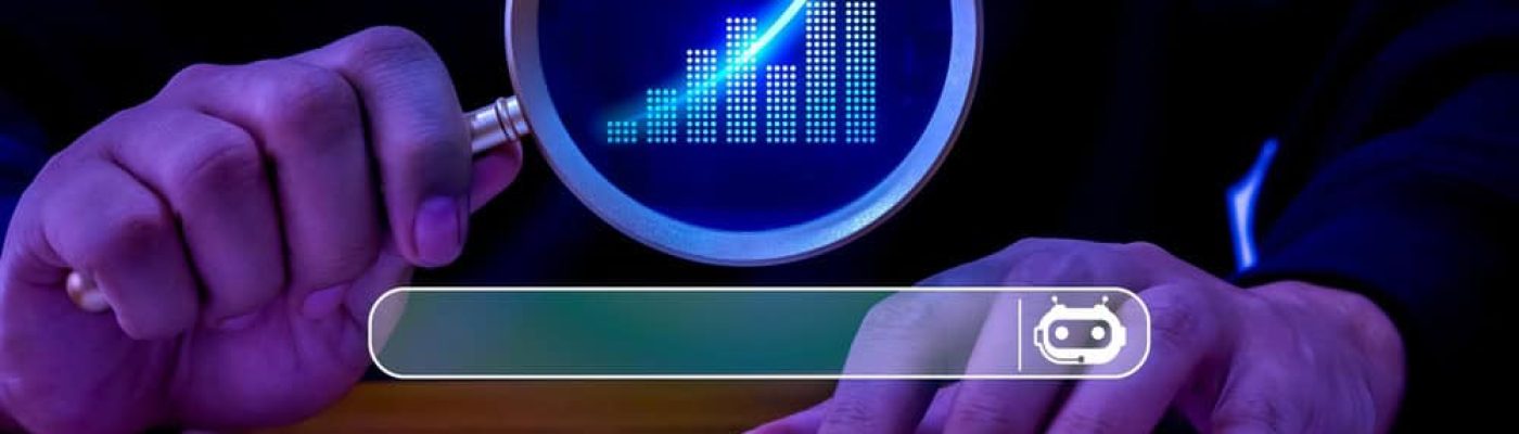 Magnifying glass over a search growth chart used to measure page overlap
